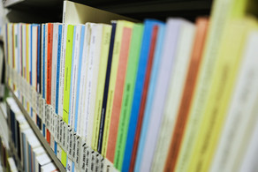 Dissertationen in der Bibliothek Bücher mit der Aufschrift Dissertation auf dem Buchrücken im Bücherregal der Bibliothek